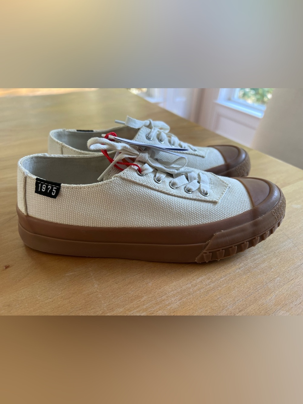 Camper women’s Camaleon Casual Canvas Lace-Up Sneakers in Cream with Gum Sole